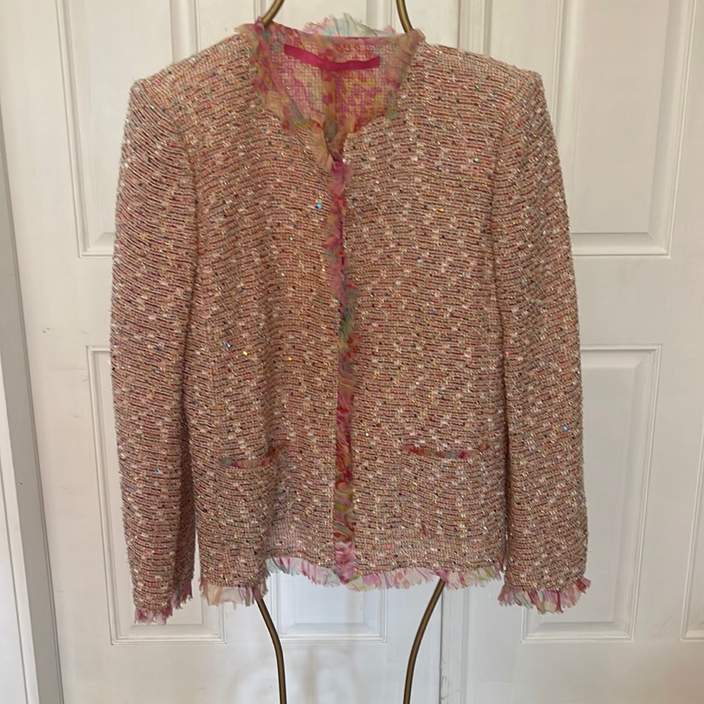 Emanuel Ungaro Fuchsia tweed jacket with sheer floral trim